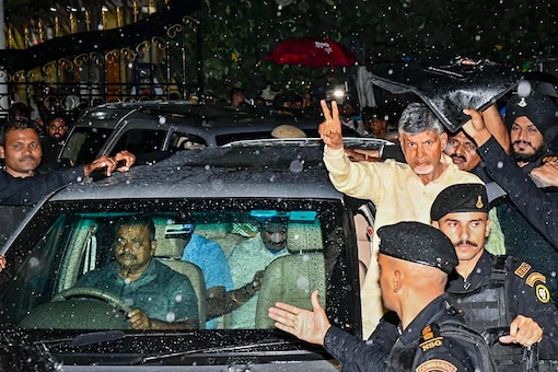 TDP chief Chandrababu Naidu being taken to prison after a court sent him to 14 days of judicial custody. (Image: PTI)
