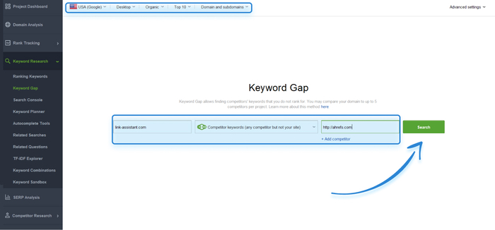 Keyword Gap module in Rank Tracker