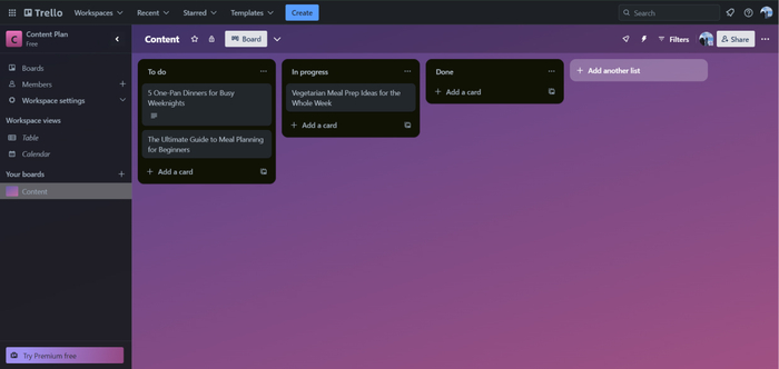 content planning in Trello