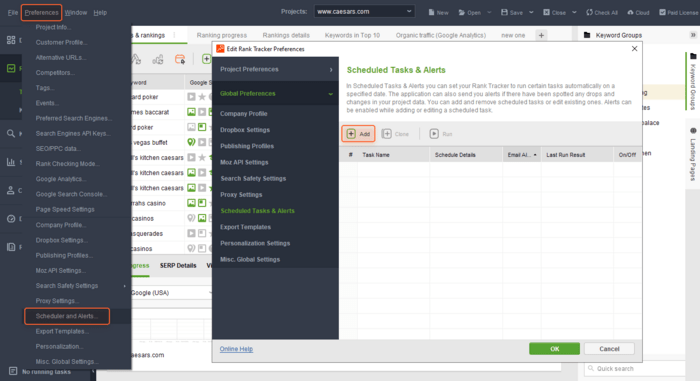Preferences > Scheduler and Alerts module of Rank Tracker