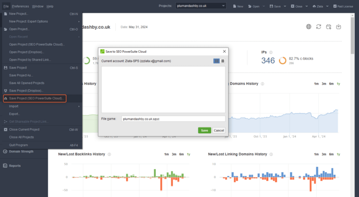 File > Save Project (SEO PowerSuite Cloud)