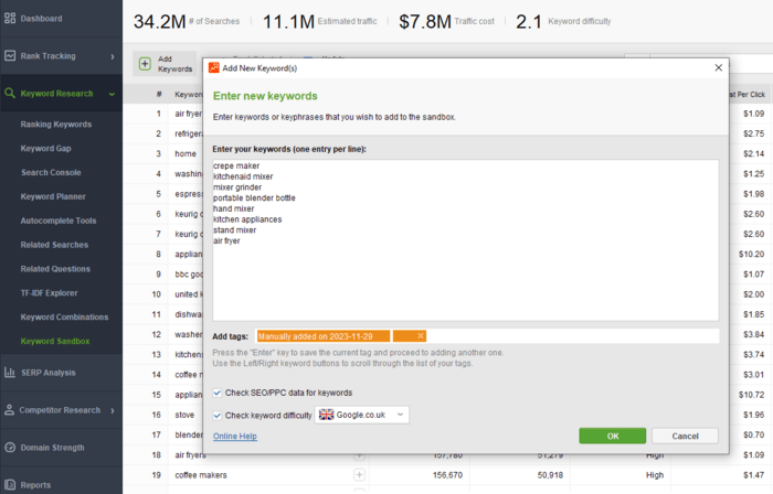 adding keywords to Keyword Sandbox