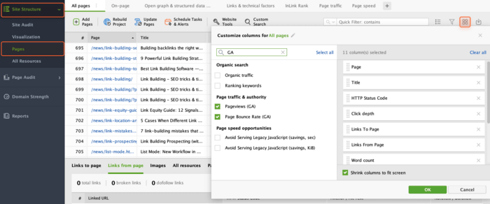 Column customization in Rank Tracker