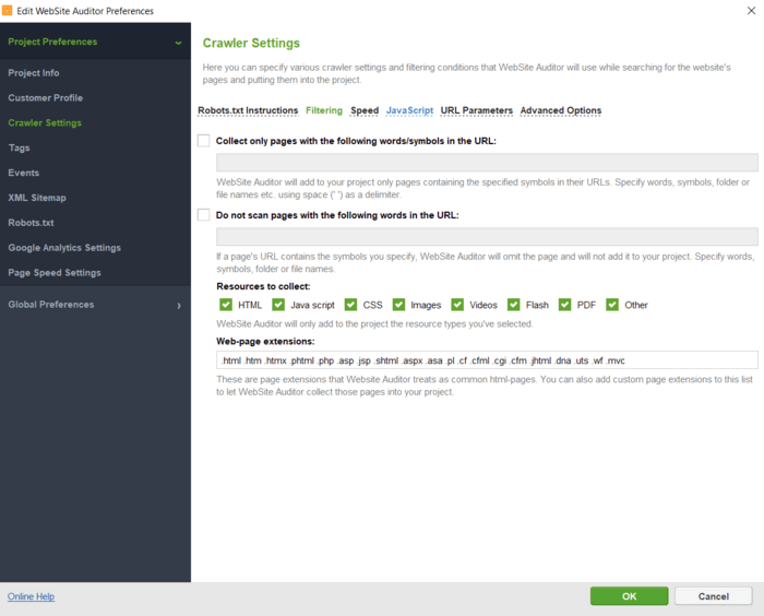 Crawling different formats on a page by WebSite Auditor