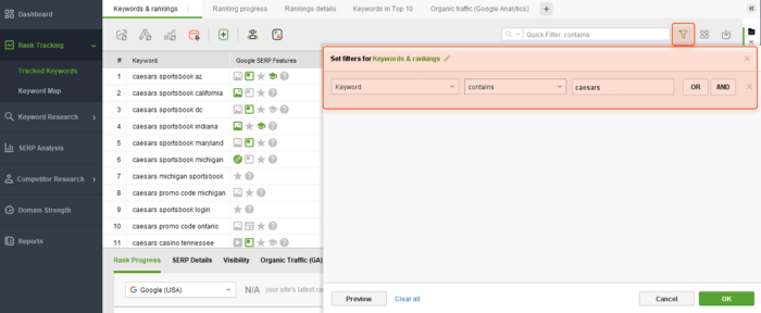 advanced keyword filtering in Rank Tracker