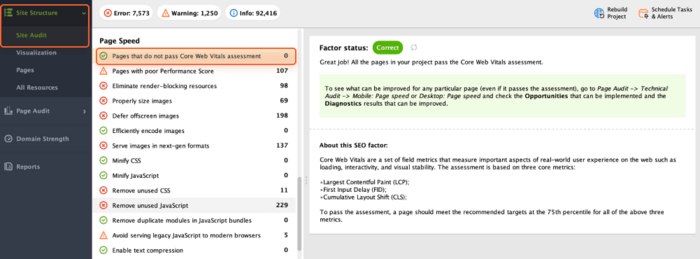 Core Web Vitals in WebSite Auditor