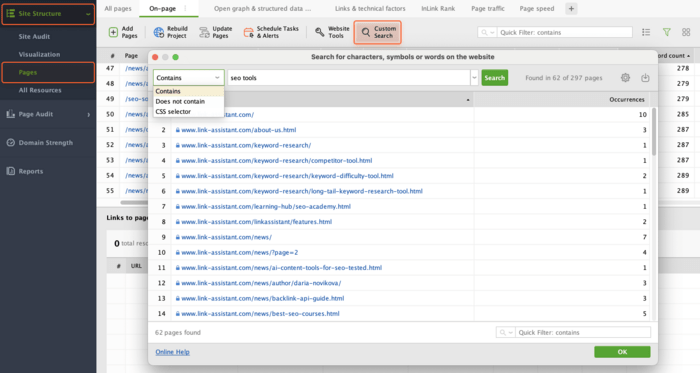 Custom search in WebSite Auditor