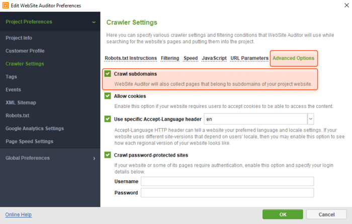 crawling subdomains in WebSite Auditor