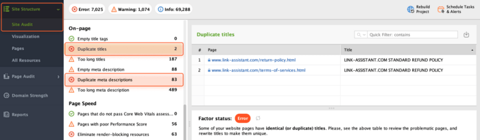 Duplicate titles and meta descriptions