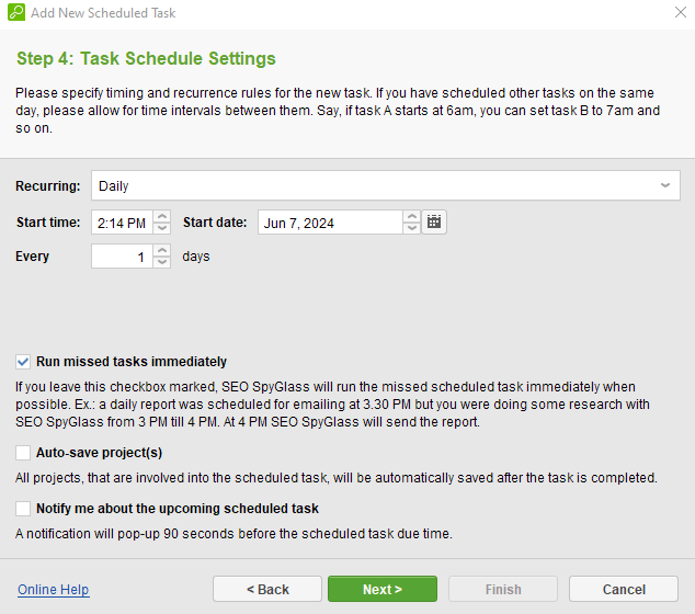 specify how frequently the task should be performed and on which day/time