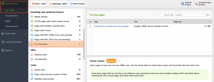Checking too big pages in WebSite Auditor