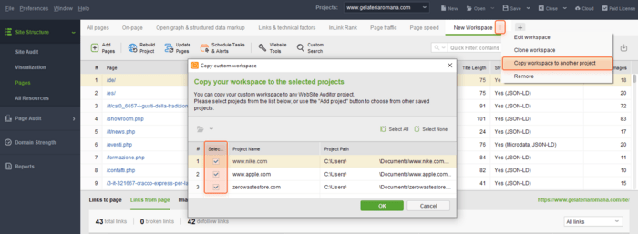 Copy workspace to another project