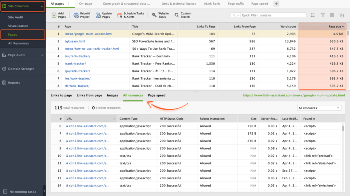 Checking page resources in WebSite Auditor