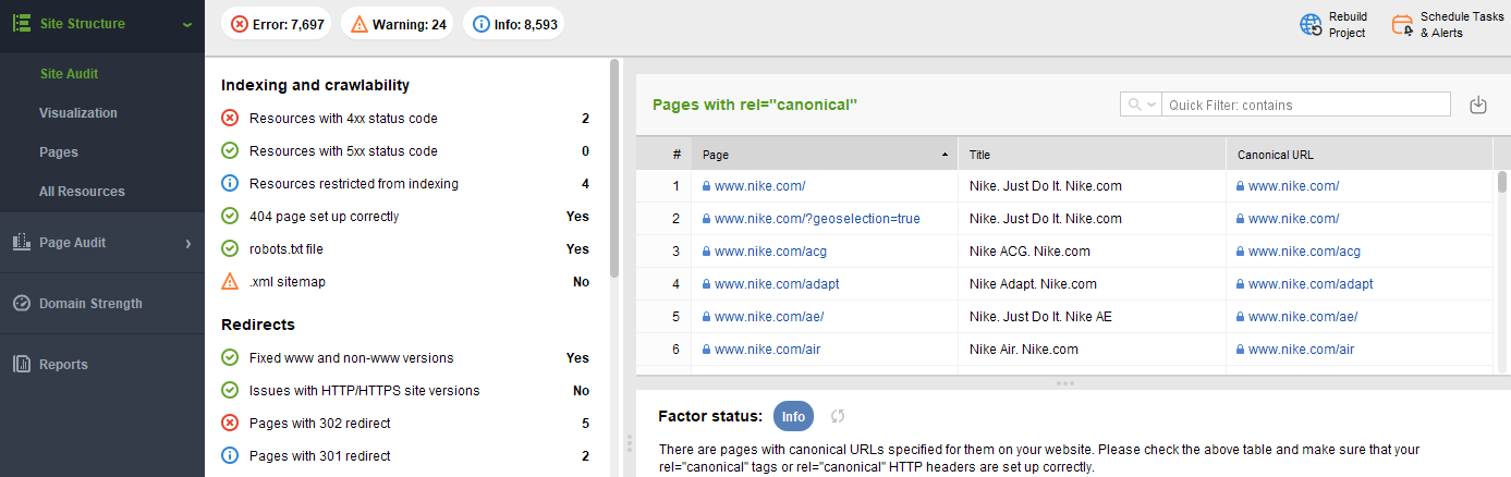 checking canonicals with WebSite Auditor