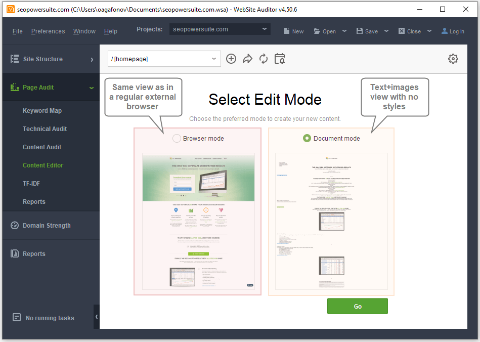 Choose Browser or Document editing mode