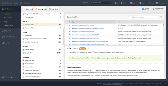 Spotting dynamic URLs in WebSite Auditor