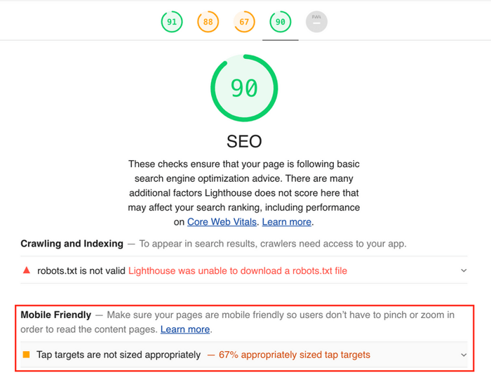 Lighthouse SEO report