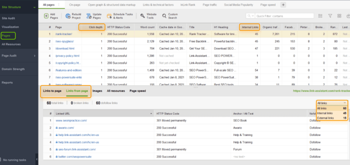 Analyzing inbound and outbound links in Pages submodule in WebSite Auditor