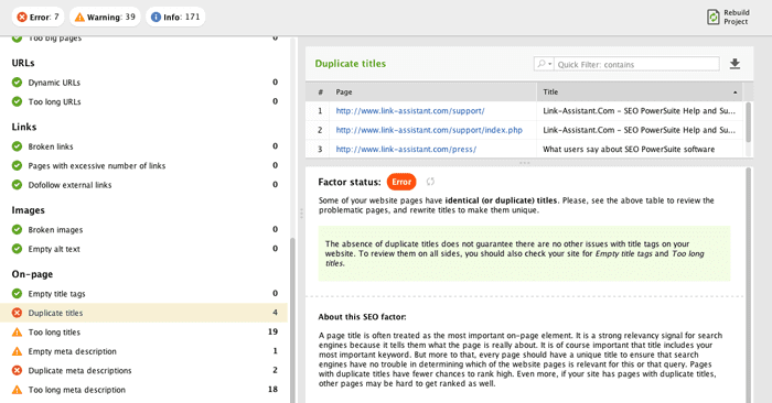 On-page audit of titles, descriptions and meta tags