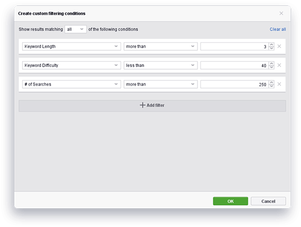 Use filters to sort out long-tail keywords by length