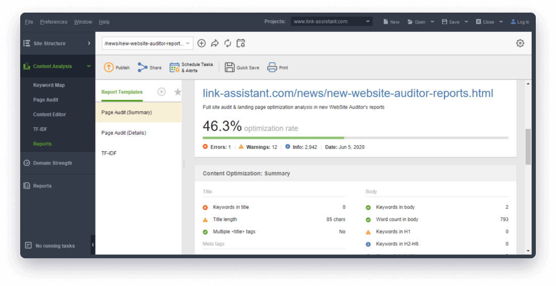 Rapports d'audit de pages généraux et détaillés