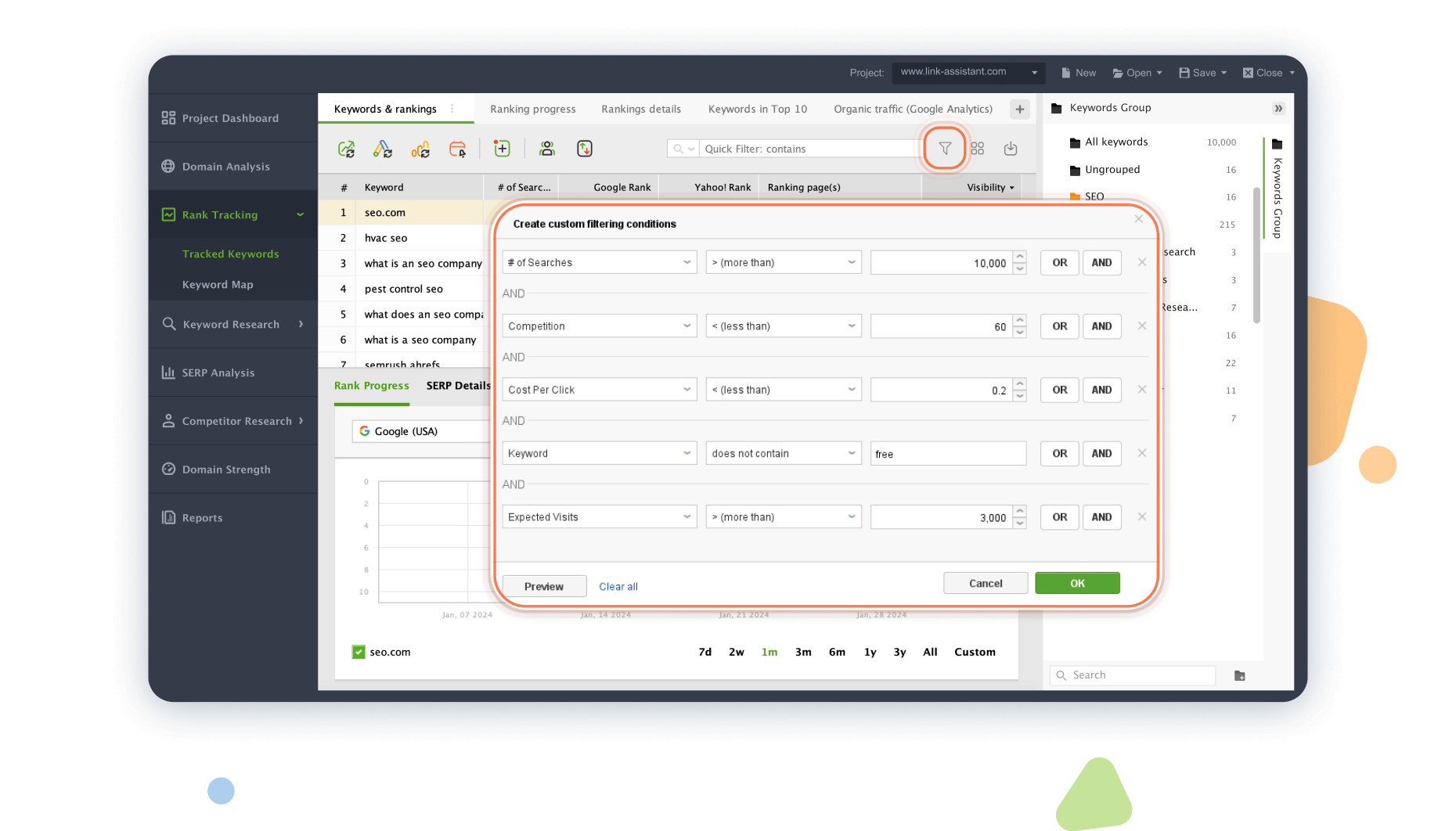 custom keyword filtering conditions